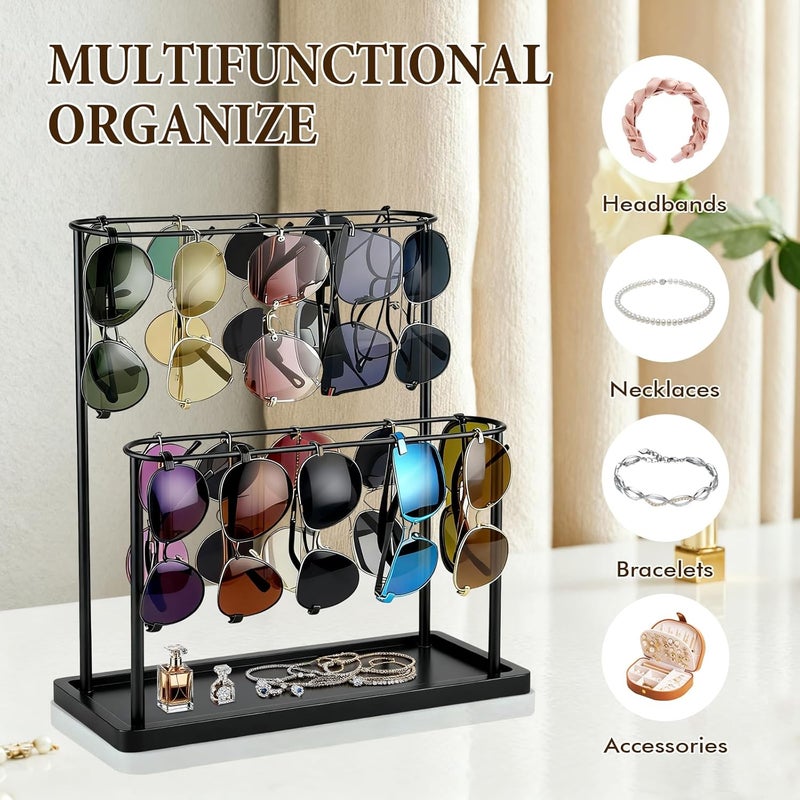 Himake Sunglasses Organizer Glasses Holder Stand for 28 Pairs of Eyewear, 2 Tier Eyeglasses Display ,Black Sunglass Storage Rack Metal Frame with Wood Base for Table Desk Countertop Dresser Bedroom - Image 2